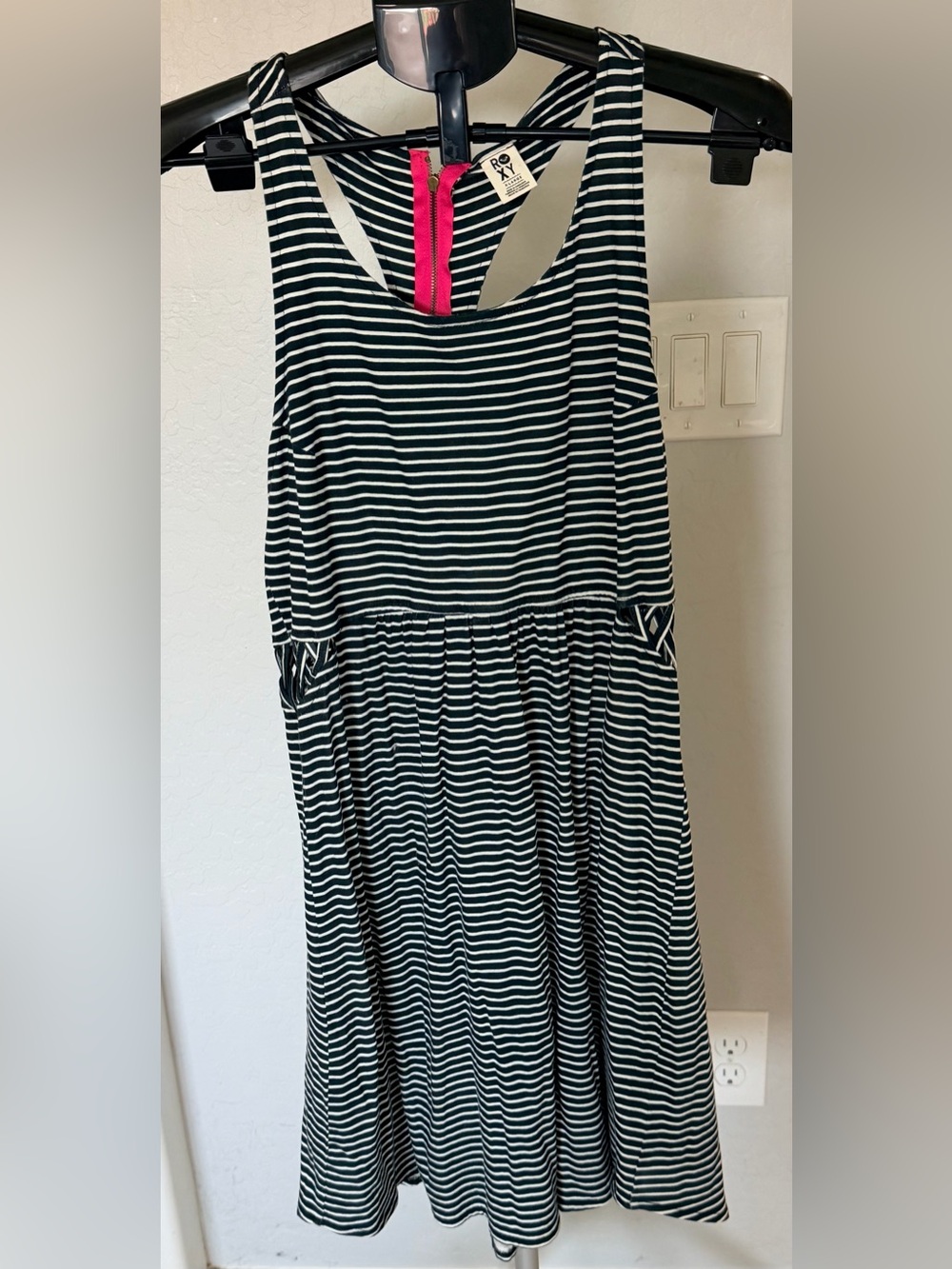 Roxy Striped Black & White Dress with Bright Pink Accent